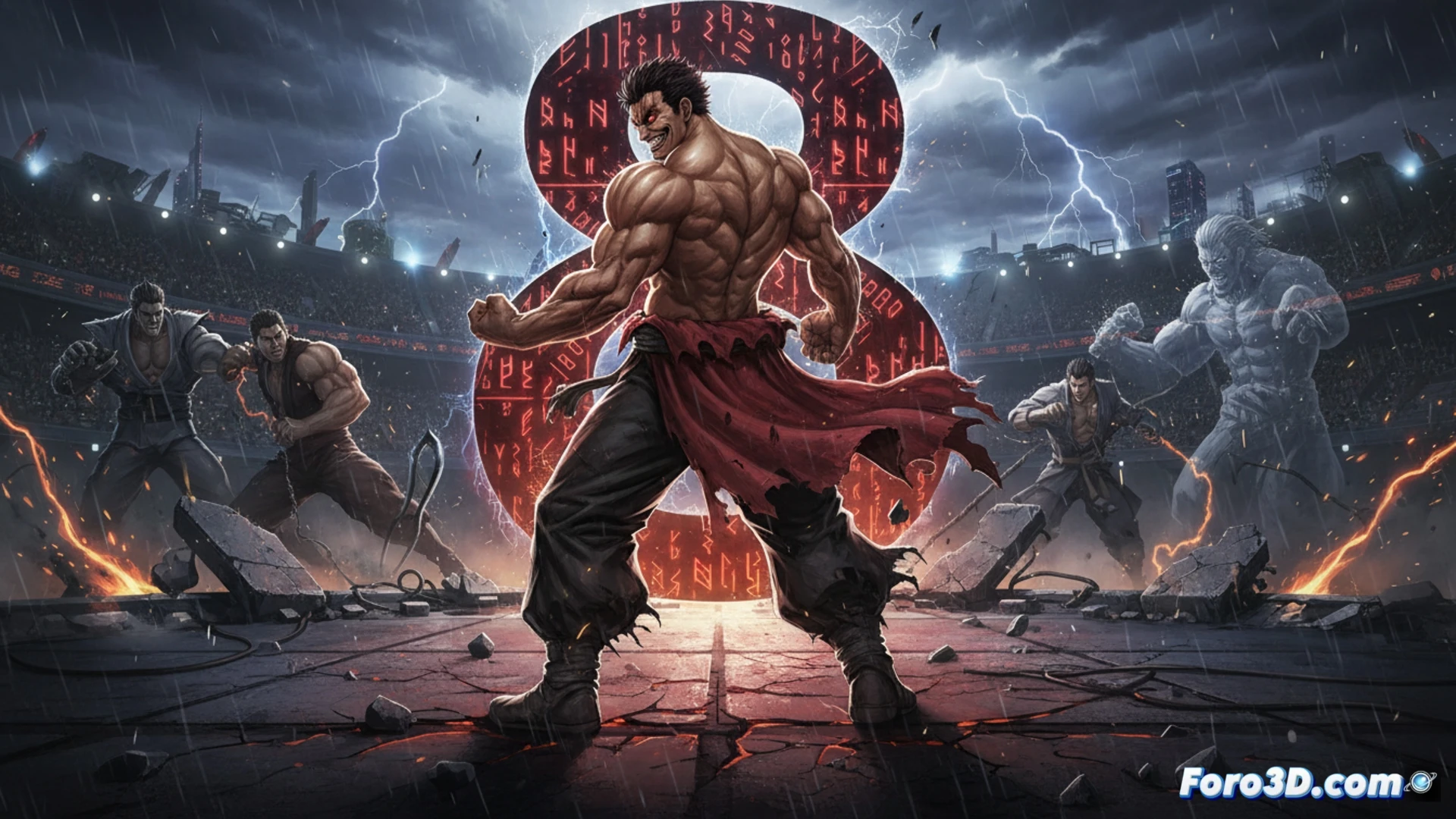 Yujiro Hanma en pose de combate dentro de un ring de Tekken 8, puño impactando el pecho de un oponente durante un contraataque brutal, chispas eléctricas azules emanando del punto de impacto, músculos tensos y venas marcadas en brazos y cuello, fondo con escenario de dojo japonés en ruinas bajo iluminación dramática, sombras profundas contrastando con sudor y partículas de polvo suspendidas, estilo cinematográfico fotorrealista, detalles hiperrealistas de textura de piel y tela rasgada, movimiento congelado en el instante máximo del golpe