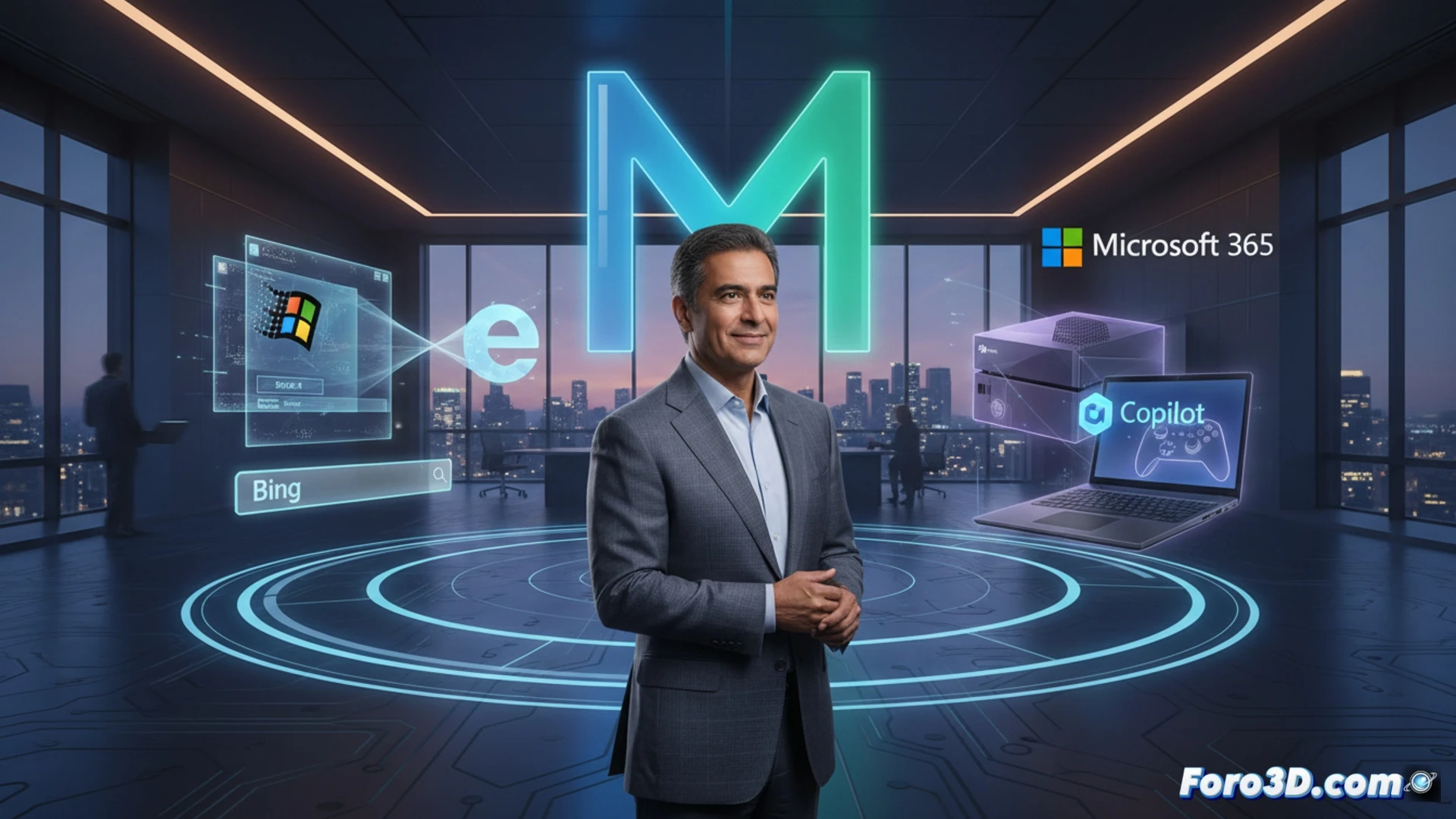 executive in business suit stepping away from a massive holographic timeline showing Windows 95 launch, Internet Explorer interface, Bing search engine, Xbox One console, and Copilot AI assistant, background featuring Microsoft corporate campus with glass buildings, desk with Surface device displaying Microsoft 365 dashboard, motion blur effect on the leaving figure, dramatic sunset lighting through floor-to-ceiling windows, photorealistic cinematic corporate visualization, ultra-detailed office environment, glowing blue digital particles trailing behind the departing executive