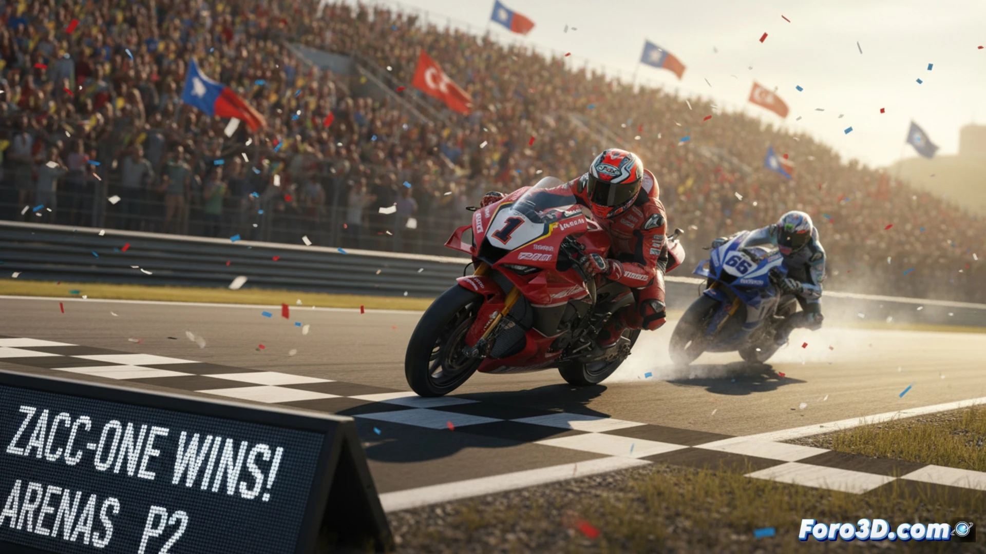 WorldSSP motorcycle racing scene, ZACC-ONE rider with number 16 leaning into a sharp corner during the final lap, front wheel inches from Arenas rear tire, sparks flying from knee slider scraping asphalt, brake disc glowing orange under intense deceleration, track curbing with red and white stripes, pit wall timing screens showing race positions, cinematic motorsport photography style, dramatic sunset lighting casting long shadows, motion blur on background grandstands, photorealistic racing visualization, high-speed action freeze frame, tire smoke trails from hard braking