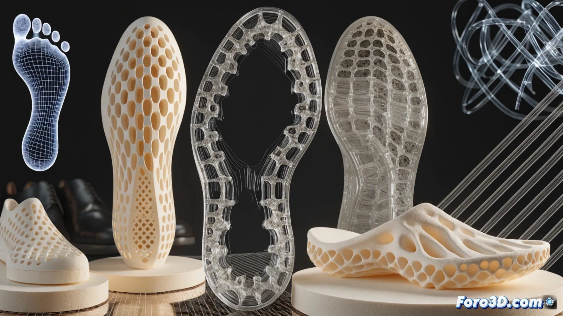 Un zapatero artesanal escanea el pie de un cliente con un sensor, mientras una impresora 3D fabrica una horma personalizada en la mesa de trabajo.
