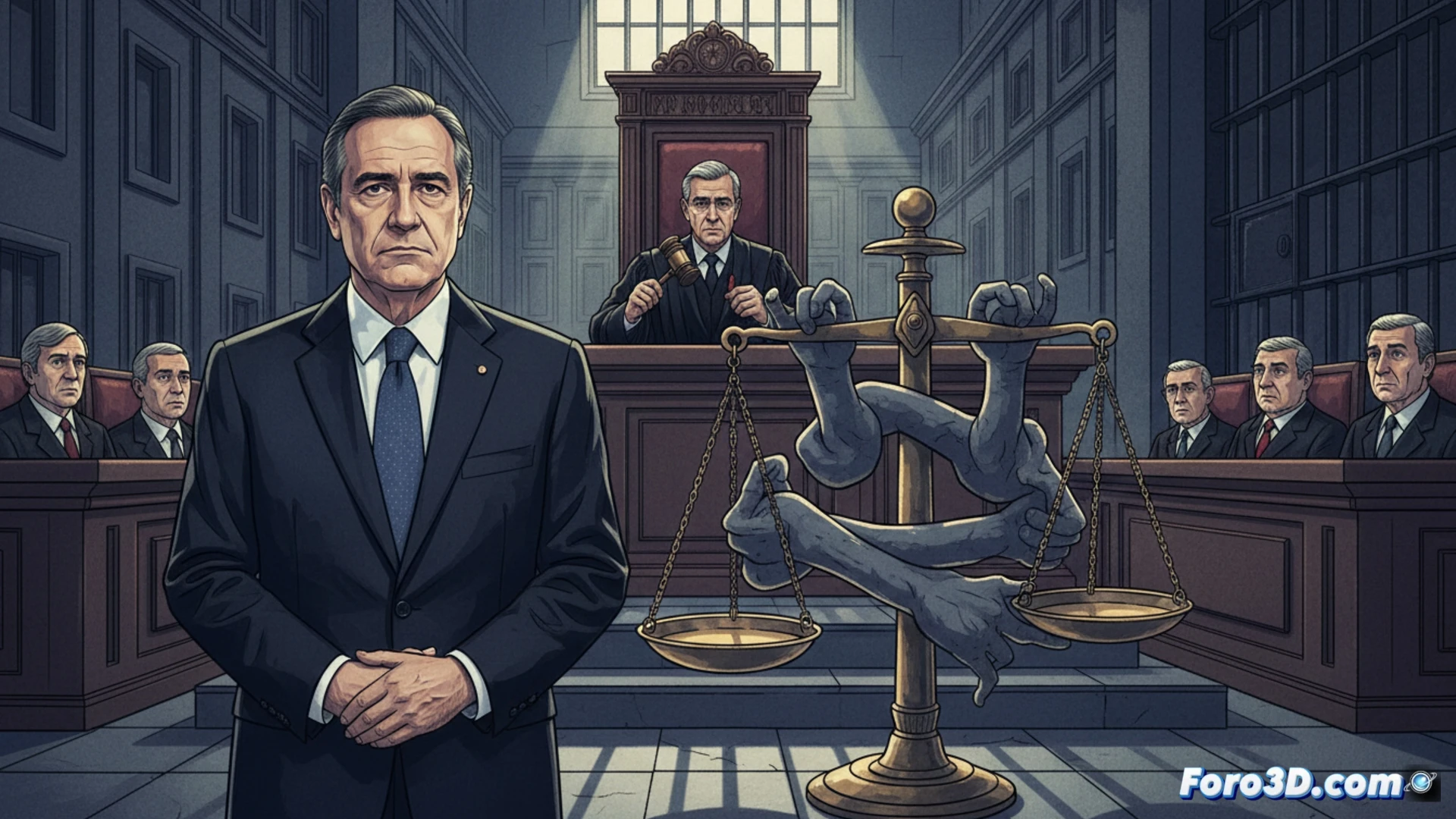 Expresidente Zapatero, imputado por tráfico de influencias, frente a juzgado; fondo gris y tensión política.
