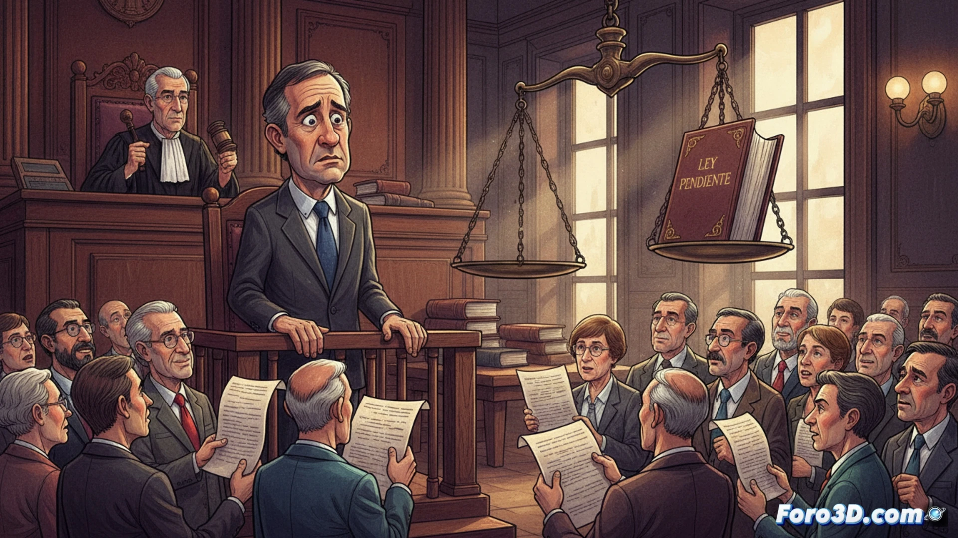 A marble hallway with a man in a suit standing inside a transparent glass cube labeled lobby, while a second figure in judicial robes places a heavy chain on the cube’s lock, scattered documents and a broken gavel on the floor, a dusty law book titled Transparencia visible on a pedestal, photorealistic cinematic lighting, dramatic shadows, polished stone floor reflecting the scene, ultra-detailed textures, technical illustration style, allegorical action of regulation being blocked