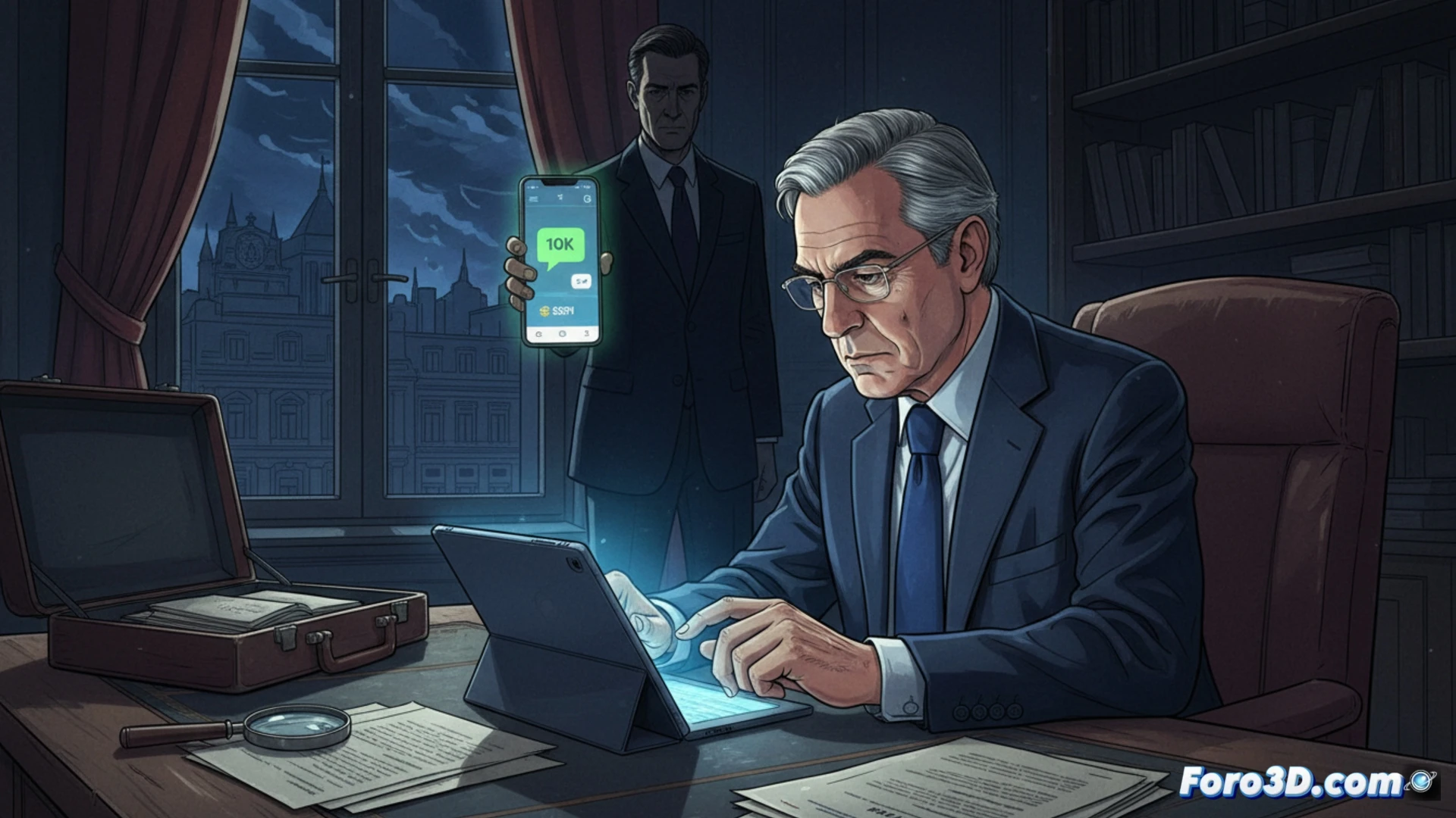 Cinematic photorealistic scene of a digital payment interface on a smartphone screen, a finger pressing confirm on a secure banking app, glowing transaction notification showing a progress bar completing, another phone beside it displaying a chat conversation with a timestamp 17 August, both devices connected by a glowing digital line representing data transfer, dark office background with blurred financial documents and a magnifying glass over a bank statement, forensic analysis tools like a USB forensic imager and a hard drive with evidence labels, dramatic overhead lighting casting shadows, ultra-detailed textless screens, technical illustration style
