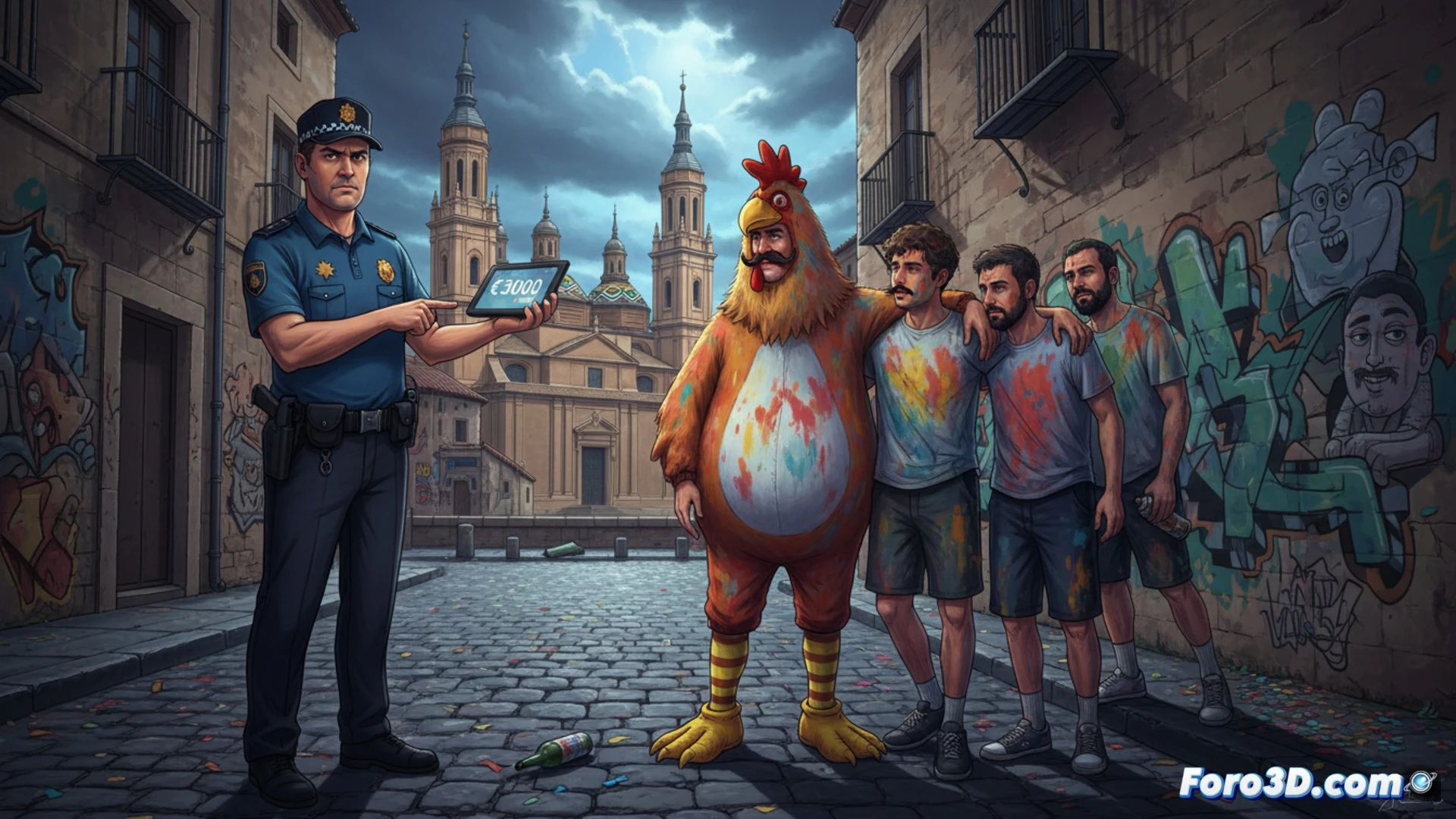 Una imagen de una fachada de Zaragoza con pintadas vandálicas, junto a un grupo de despedida de soltero ruidoso, y un agente municipal imponiendo una multa de 3000 euros.