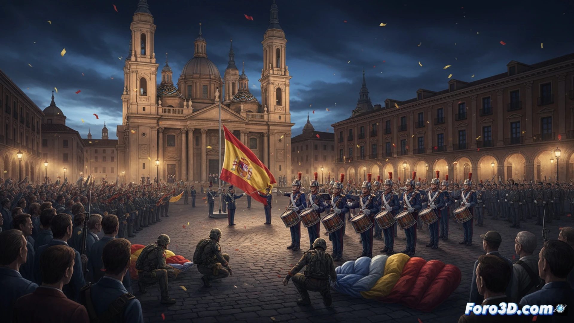 military bands marching through Zaragoza cobblestone streets at dusk, two paratroopers descending from 1500 meters trailing a large Spanish flag, crowd gathered at Plaza del Pilar watching the flag lowering ceremony, brass instruments gleaming under streetlights, soldiers in dress uniforms performing precise drill movements, cinematic photorealistic visualization, dramatic golden hour lighting, motion blur from marching feet, flag rippling in wind, detailed military uniforms and instrument reflections, solemn atmosphere with warm ambient light, ultra-detailed architectural backdrop of basilica, technical illustration style