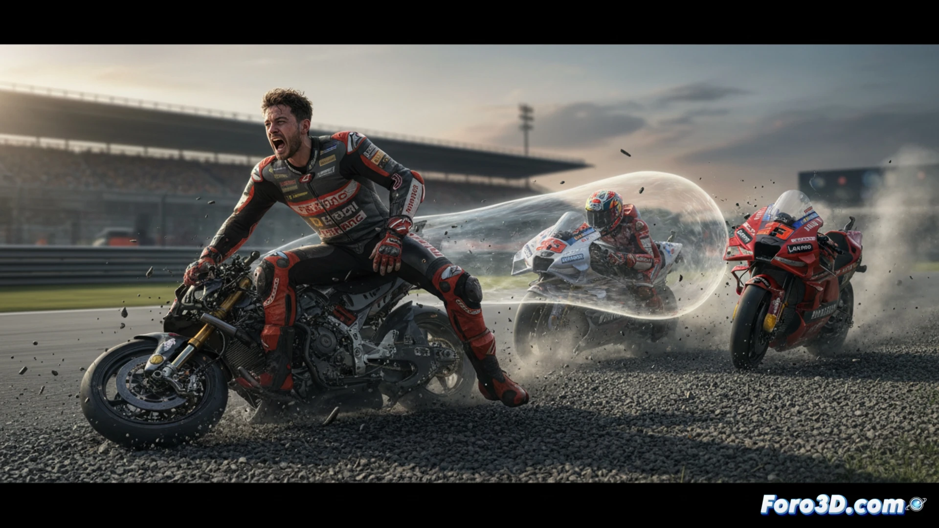 MotoGP rider being sucked into aerodynamic vortex of leading bike at high speed, rear wheel lifting off tarmac, front brake lever fully compressed but unable to slow, rider body twisted mid-impact, carbon fairing fragments exploding, gravel trap spraying under tires, second rider’s leg trapped between crashed motorcycle frame and asphalt, medical crew running toward scene with neck brace and stretcher, photorealistic motorsport crash visualization, dramatic low-angle shot, fast shutter effect freezing debris and dust particles, harsh track lighting reflecting off shattered components, ultra-detailed mechanical damage on fairings and suspension
