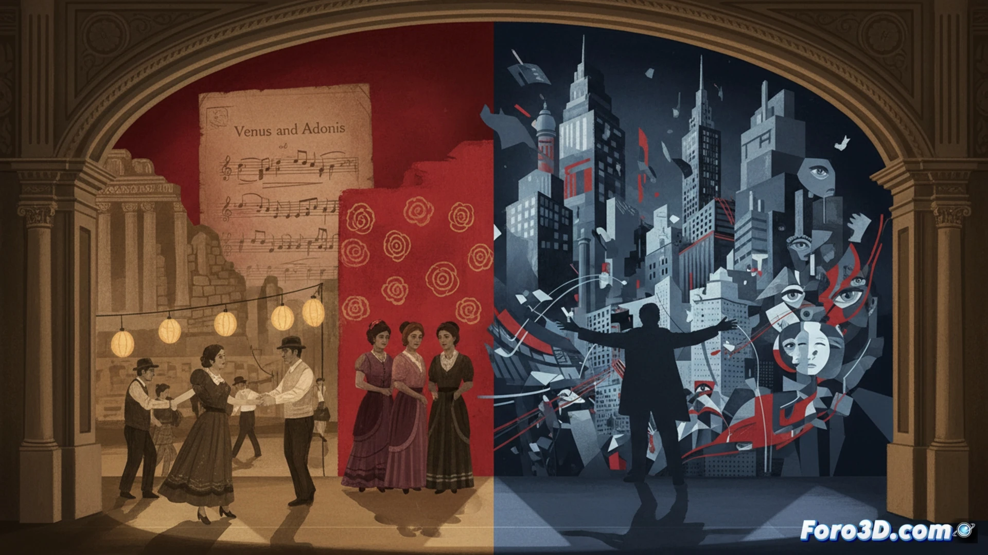 Teatro de la Zarzuela escenario vacío, luz teatral cálida cruzando el espacio, carteles antiguos de La verbena de la Paloma y El barberillo de Lavapiés colgando a la izquierda, mientras a la derecha un moderno proyector digital muestra el rostro de una joven en blanco y negro (Las trece rosas rojas), partituras manuscritas del siglo XIX sobre un atril central junto a un monitor con código de iluminación LED, cables de audio y consola de mezclas en primer plano, durante el montaje técnico, estilo cinematográfico hiperrealista, iluminación dramática de ensayo, sombras nítidas, textura de terciopelo y metal, fotografía arquitectónica nocturna.