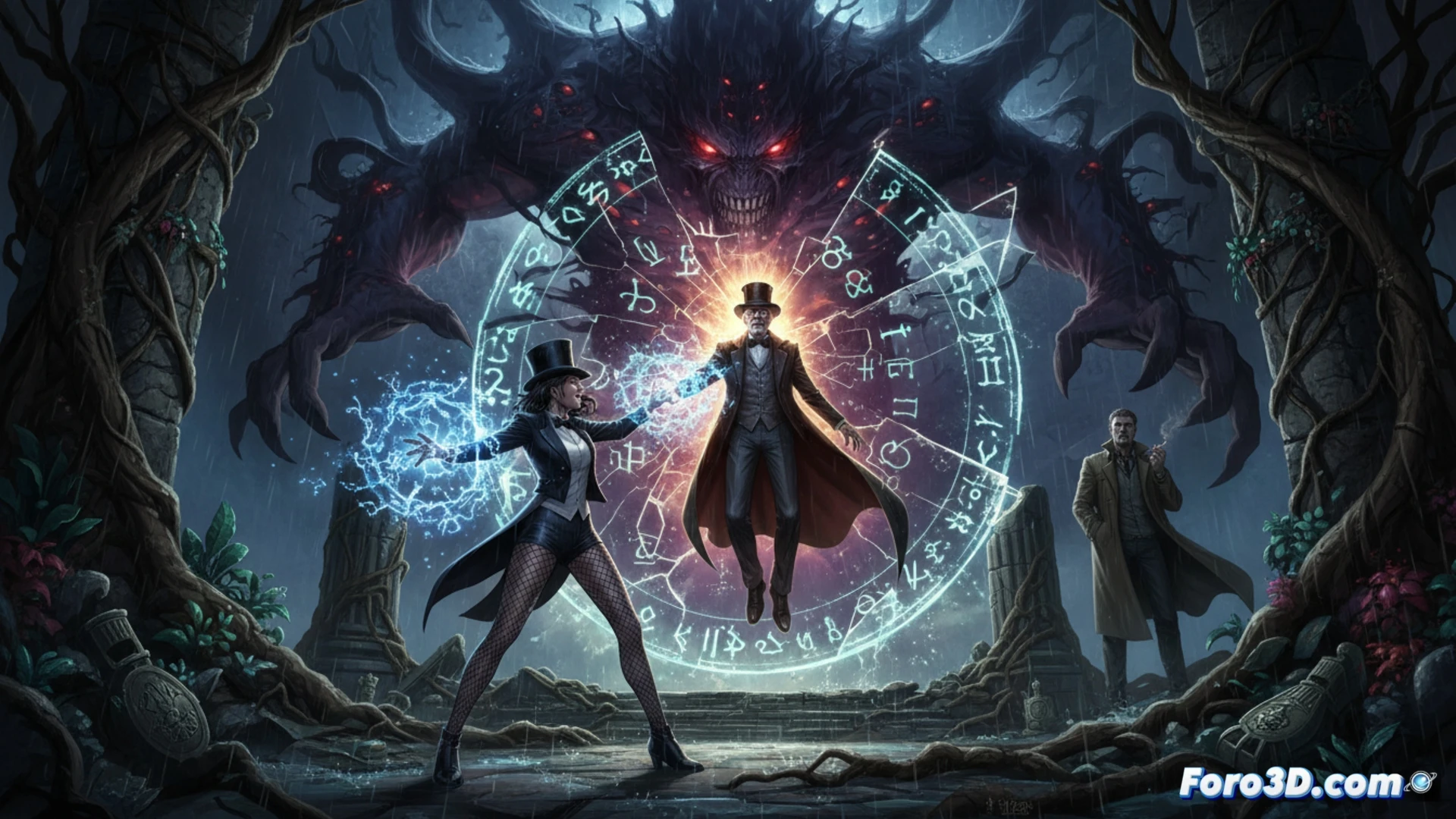 DESCRIPCIÓN: Zatanna y Zatara unen fuerzas mágicas en un ritual sacrificial contra la Gran Oscuridad, iluminados por un resplandor verde y sombras cósmicas.
