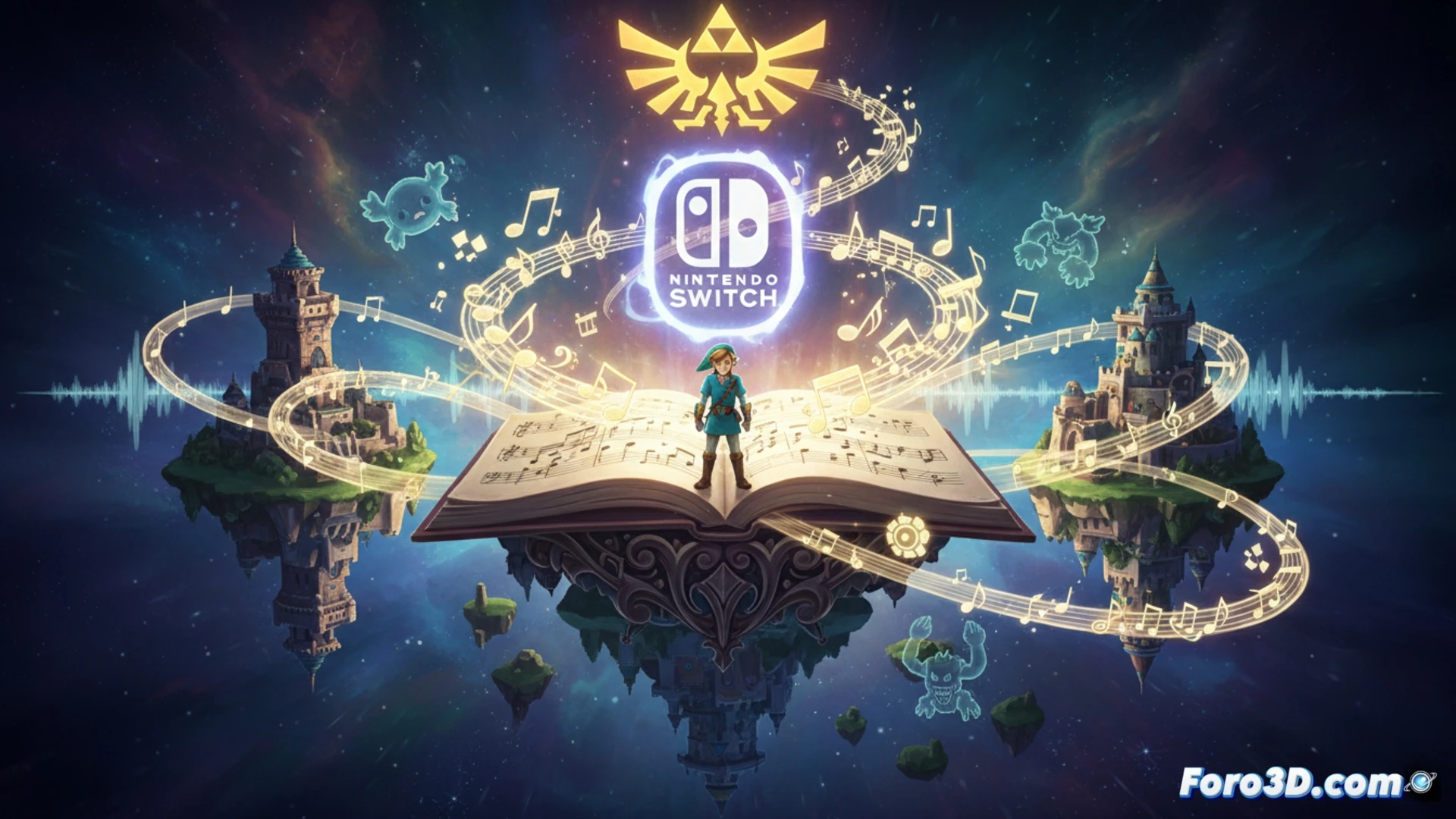Nintendo Switch Online app interface on a tablet screen, 3DS console beside it glowing with Triforce symbol, musical notes floating from both devices while a stylized Link merges into a wall painting showing dungeon and overworld map sections, technical illustration style, flat modern UI elements with translucent glassmorphism panels, green and gold Zelda palette, digital audio waveform visualization overlaying the screen, action of syncing between handheld and streaming service, clean vector aesthetic, minimal shadows, high-contrast UI highlights, no text or numbers visible