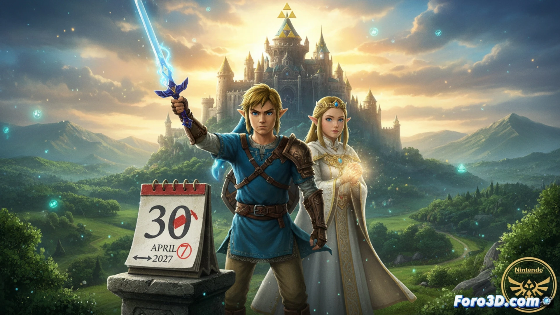 Link de Zelda sostiene la Espada Maestra ante un calendario que marca 30 de abril de 2027, con una flecha verde señalando el cambio.