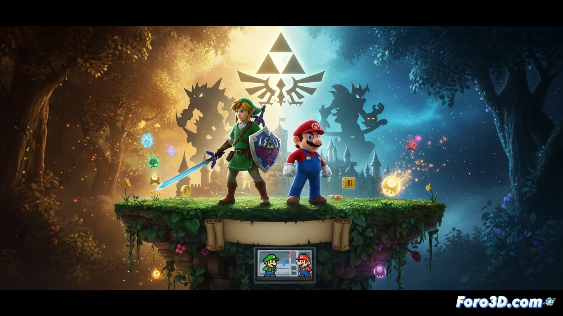Ilustración retro de Shigeru Miyamoto junto a Mario y Link, con bocetos de Zelda y un cartel que dice: Zelda, la respuesta JRPG de Nintendo, nació con Mario.