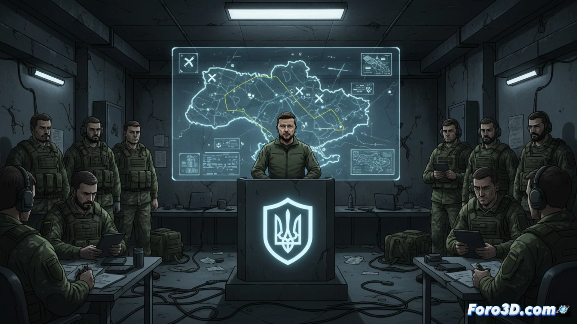 Ukrainian military command center at night, officers analyzing real-time radar data on multiple holographic screens, air defense missile launchers being repositioned outside through reinforced glass windows, surface-to-air missile systems elevating into launch position, glowing trajectory lines tracking incoming threats across digital maps, technicians adjusting electronic warfare equipment, cinematic photorealistic style, dramatic low-angle lighting from console displays, smoke haze from nearby explosions, ultra-detailed military hardware textures, tense operational atmosphere, technical illustration quality