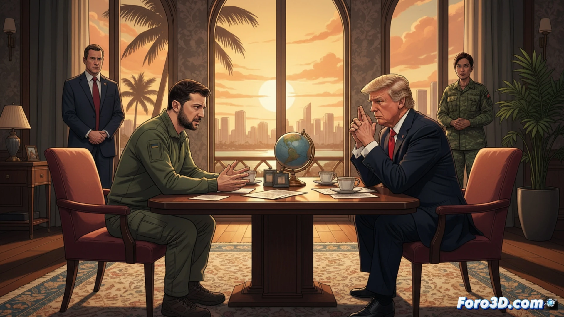 Volodimir Zelenski y Donald Trump negocian en Miami, con un mapa de Ucrania sobre la mesa y apretones de manos tensos.
