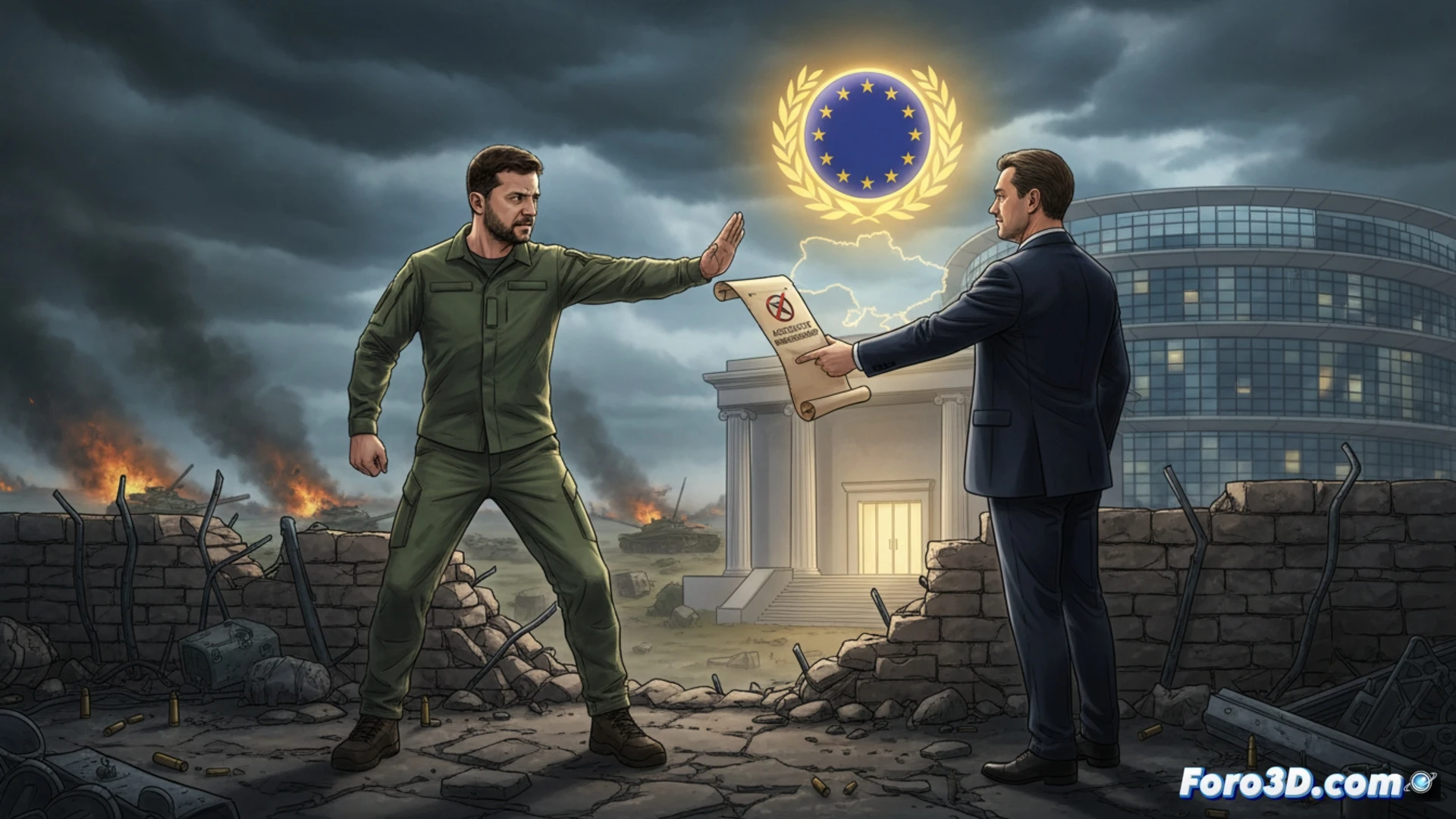 European Union flag half-raised with dark metallic gears blocking its ascent, Ukrainian president hand pressing a solid steel key marked with EU star into a locked voting booth slot, broken chain labeled associate status lying on floor, cracked stone wall showing EU map with Ukraine outlined in glowing blue, cinematic engineering visualization, photorealistic industrial lighting, shadow of a soldier cast against the flag, mechanical pivot mechanism jammed open, ultra-detailed metal textures, dramatic political symbolism, technical illustration style