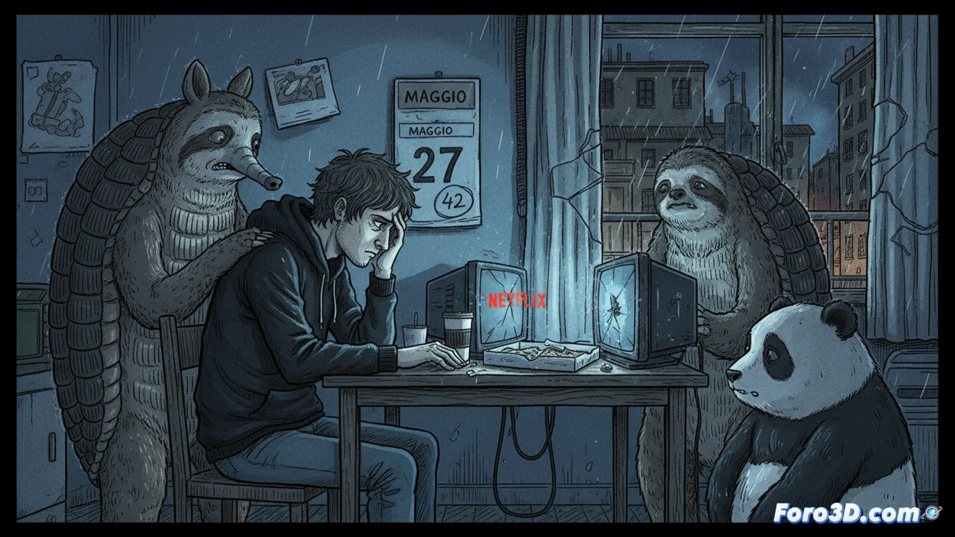 Zerocalcare sentado en un escritorio desordenado frente a una tableta gráfica, dibujando un storyboard digital, mientras una lámpara de escritorio ilumina bocetos de personajes envejeciendo, una taza de café frío al lado, la pantalla muestra una línea de tiempo de edición de video con fotogramas de animación, al fondo una estantería con cómics y un reloj marcando las 42, estilo cinematográfico técnico, iluminación dramática con sombras duras, textura de papel y píxeles, render fotorrealista con detalles de estudio de animación