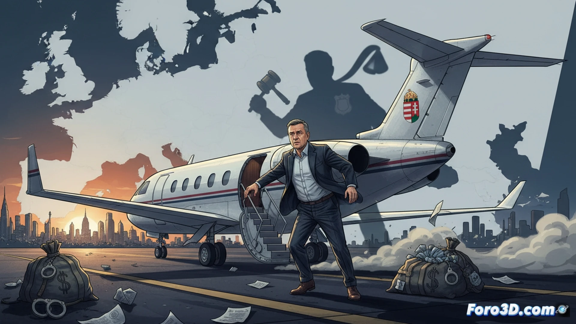 Descripción detallada de la imagen: Un hombre de 55 años, con traje oscuro y corbata roja, huye corriendo por una pista de aeropuerto hacia un avión privado en Estados Unidos. Al fondo, se ve la bandera de Hungría ondeando, y una sombra de rejas de prisión lo persigue. En sus manos lleva un maletín abierto del que caen billetes de dólar y un documento con el sello de la Unión Europea. La escena transmite urgencia y escape, con un cielo nublado y tonos grises. (92 caracteres)