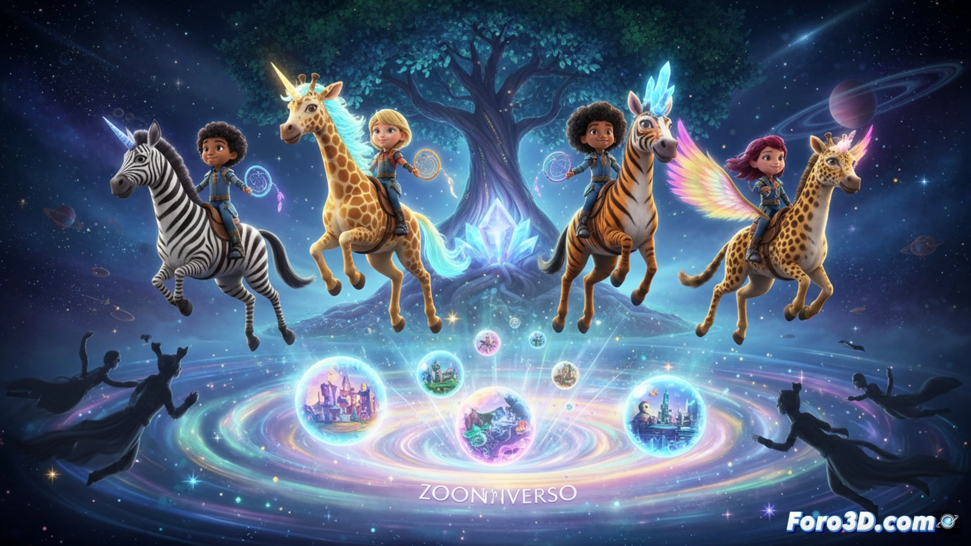 Zoonicorn criatura brillante con cuerno arcoíris volando sobre un portal giratorio al Zooniverso, mientras niños con mochilas saltan hacia el vórtice de sueños, partículas de imaginación desvaneciéndose en chispas de colores, fondo de nubes oníricas y estrellas parpadeantes, estilo cinematográfico animado 3DCG, iluminación mágica con contrastes suaves, texturas brillantes y soñadoras, acción dinámica de salto y vuelo, cámara en ángulo contrapicado mostrando el viaje hacia el portal, render fotorrealista con detalles de película familiar aventurera.