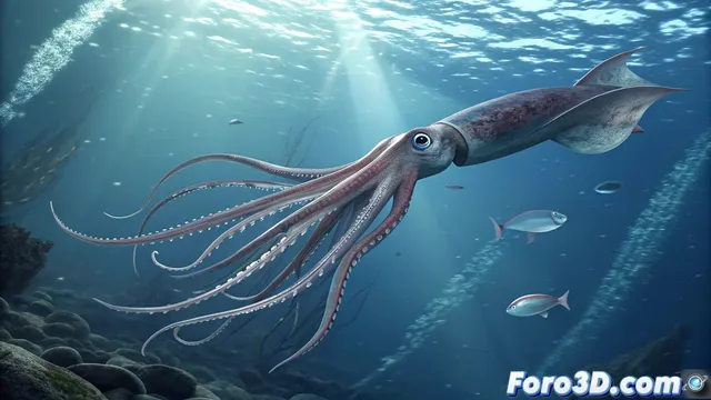 Recreacion digital de un calamar gigante antartico en Blender