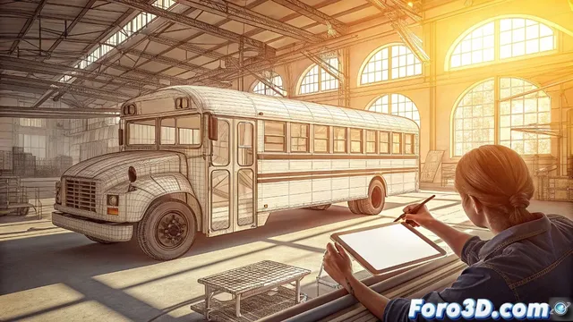 Representación en Blender la nueva tendencia de camperizar autobuses como chalets con ruedas