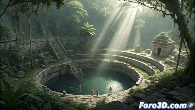 Animando el Cenote Sagrado de Chichén Itzá en iClone con sacrificios mayas y almas en las profundidades