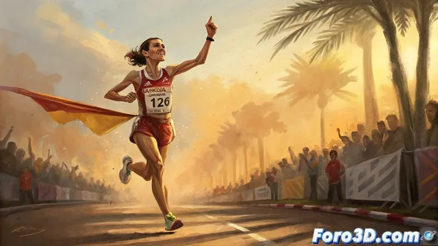 Ilustración del cuarto título mundial de María Pérez en marcha atlética con Corel Painter