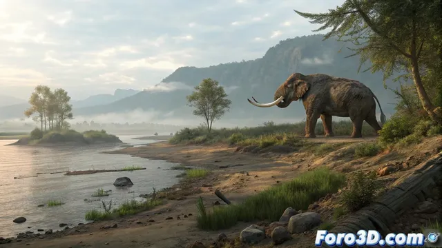 Recreación en Terragen del molar de mamut de 125000 años hallado en el río Rin
