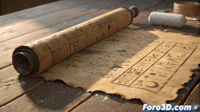 Recreacion digital del pergamino carbonizado de Pompeya en Blender
