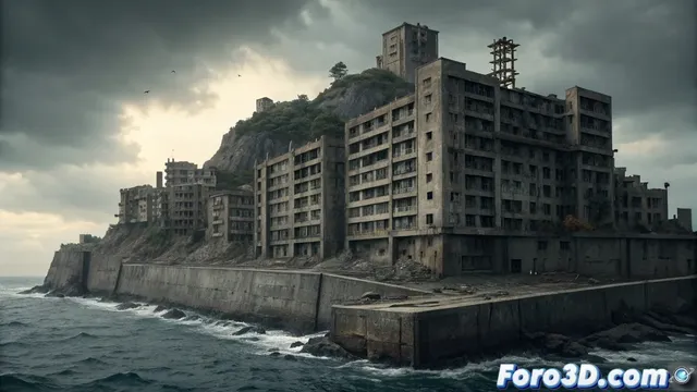 Modelado de la Isla Hashima (Gunkanjima) en SketchUp para escenas post-apocalípticas