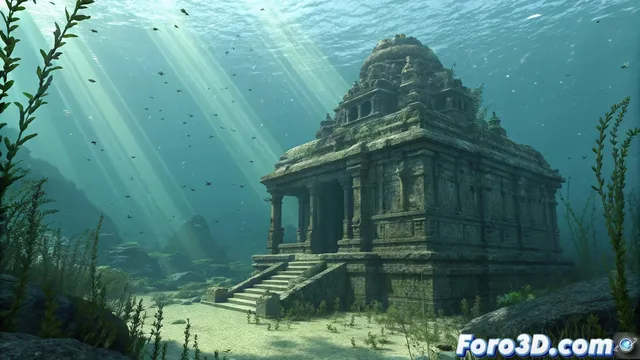 Recreación en Blender del templo hinduista sumergido de 1500 años en India
