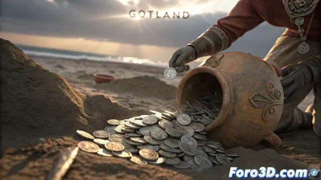 Recreación de un tesoro vikingo con monedas islámicas en Blender