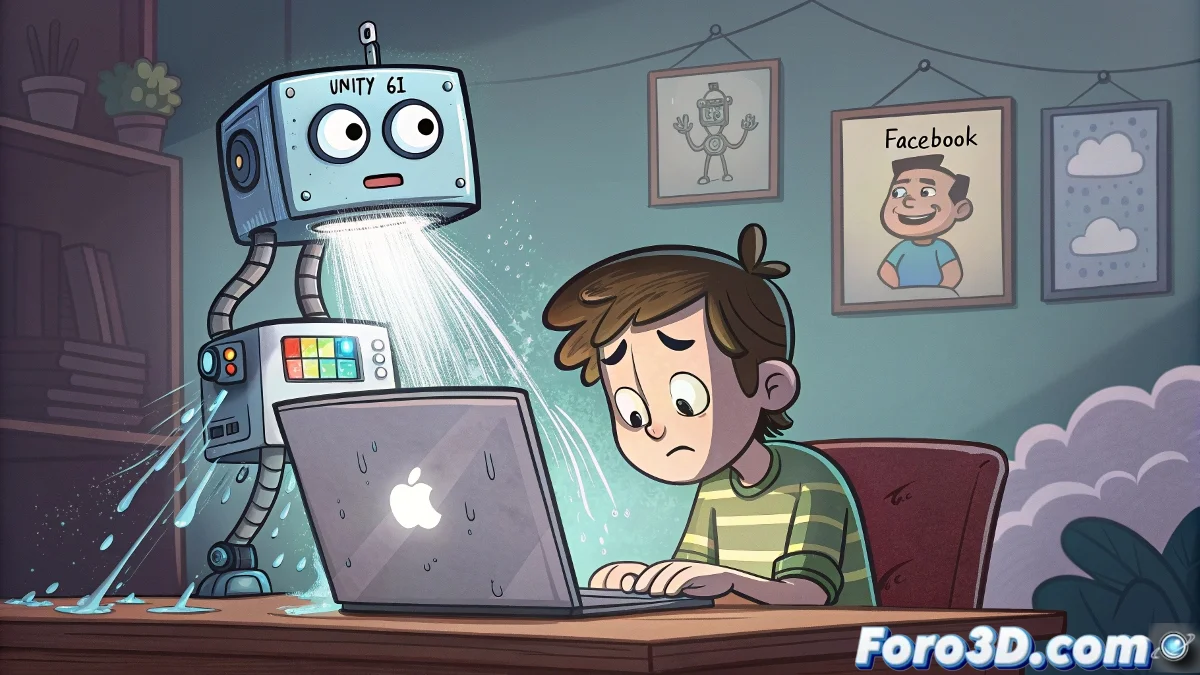 Ilustración de un desarrollador trabajando con Unity rodeado de pantallas y efectos de luz en un entorno futurista