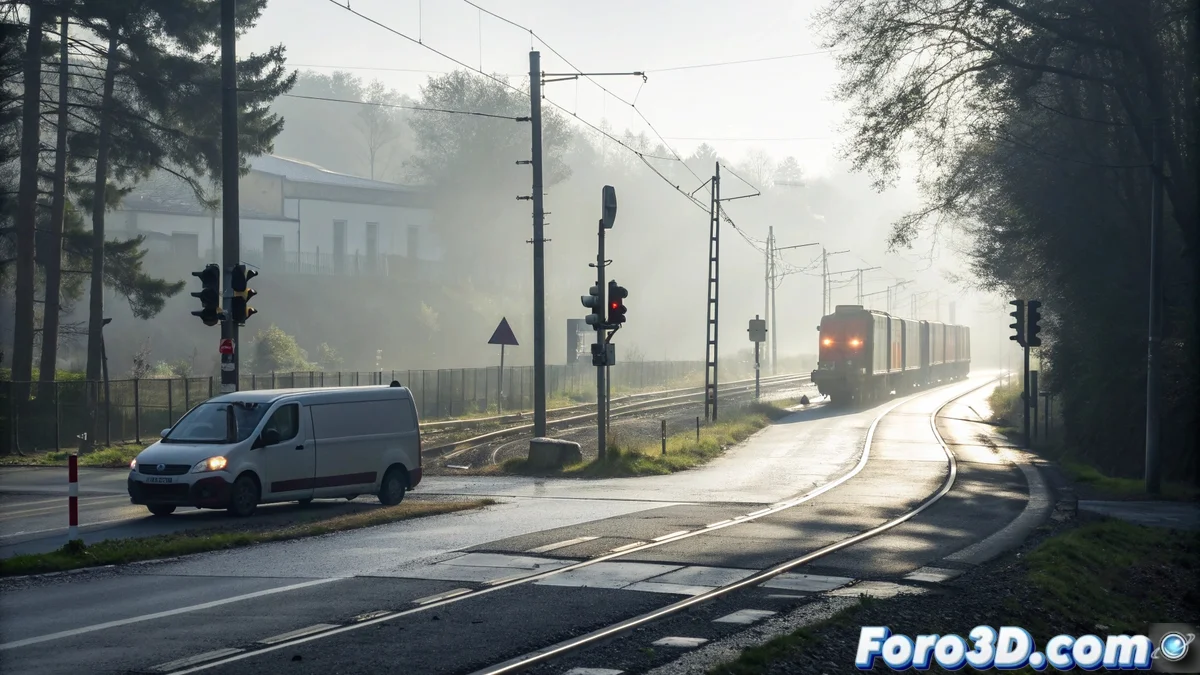 Accidente ferroviario en paso a nivel sin barreras con furgoneta de reparto destrozada y servicios de emergencia en el lugar