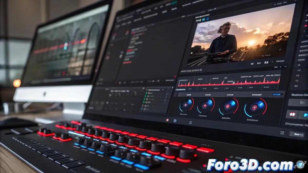 Interfaz de DaVinci Resolve mostrando plugins Red Giant y Universe con efectos visuales aplicándose en tiempo real a un video profesional.