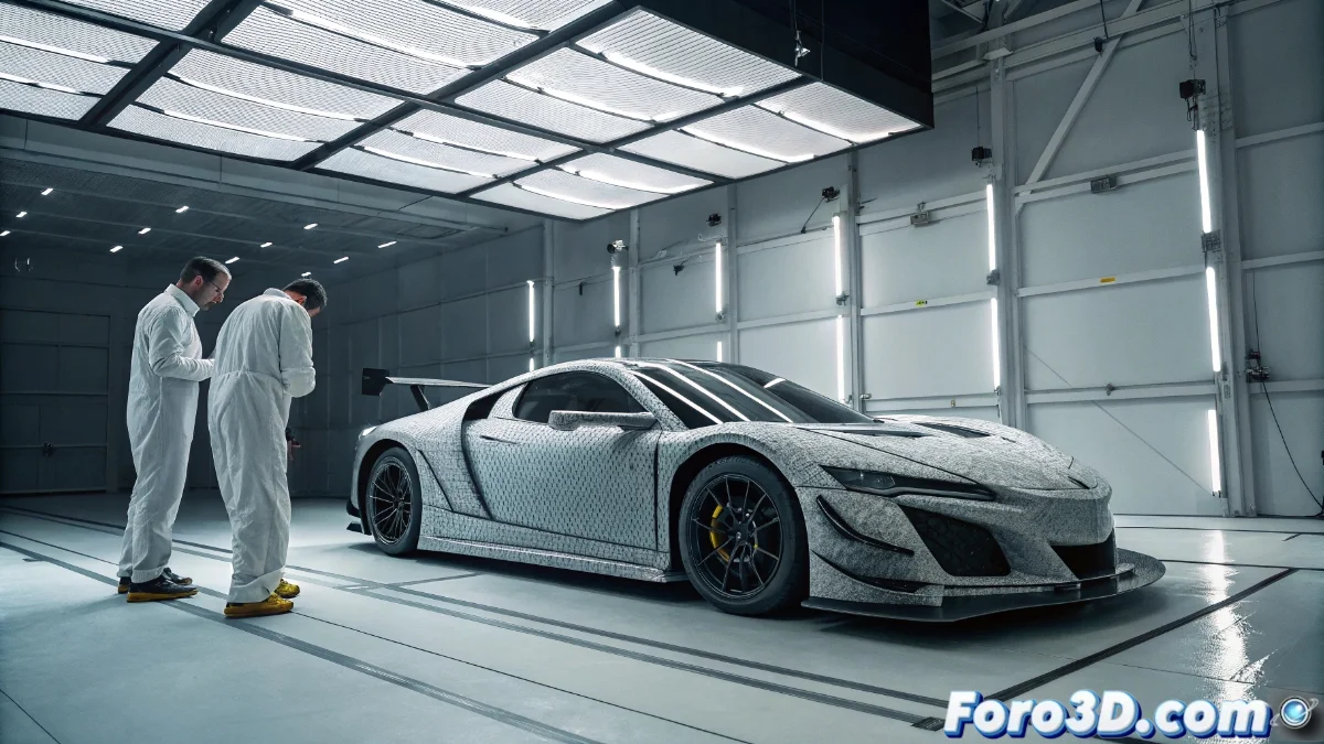 Componente aerodinámico impreso en 3D siendo probado en túnel de viento con equipo técnico de Honda/Acura Racing analizando datos de flujo de aire