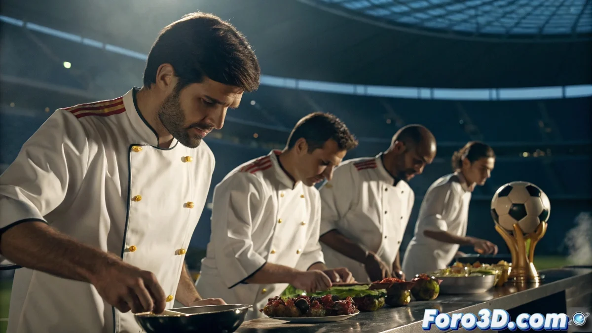 Jugadores de la selección española con delantales de chef en cocina profesional preparando platos gourmet mientras intercambian balones por utensilios de cocina