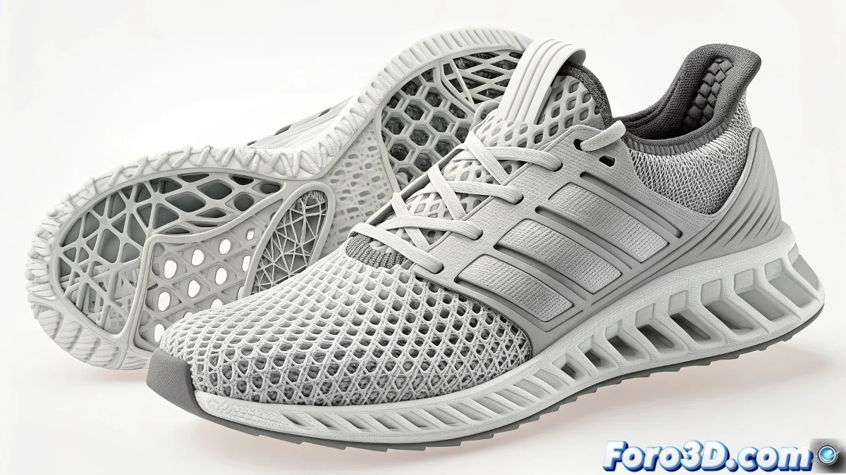 Zapatillas Adidas Climacool impresas en 3D mostrando estructura de rejilla ventilada, proceso de impresión aditiva en impresoras industriales y detalles de diseño personalizado.