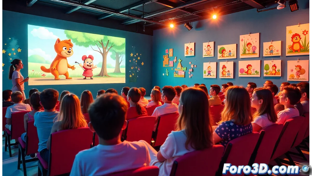 Grupo de profesionales y aficionados de la animación reunidos en una sala de proyección moderna, con pantalla grande mostrando personajes animados franceses y equipo técnico de fondo.
