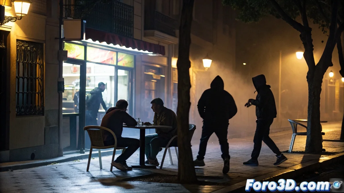Agente policial en uniforme siendo atendido por servicios médicos tras agresión en terraza de local de comida rápida, con fondo urbano del barrio de Entrevías en Madrid