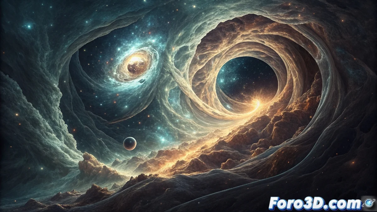 Representación artística de un agujero de gusano oruga conectando dos agujeros negros con geometría espaciotemporal irregular y partículas cuánticas entrelazadas viajando a través del túnel.