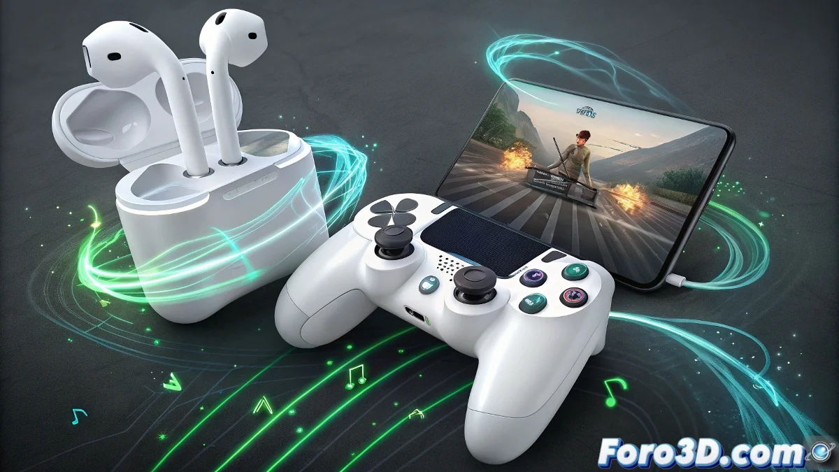 AirPods mostrados junto a pantalla de videojuego con diagramas de gestos de cabeza mapeados a comandos de juego mediante software de conversión.