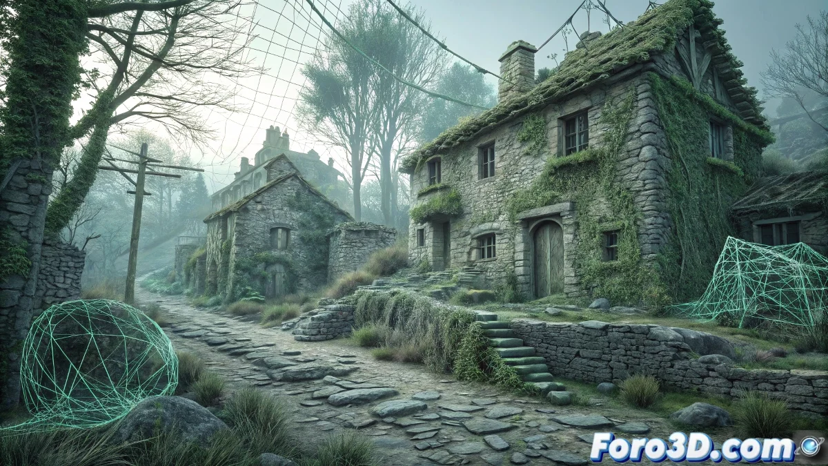 Render de ZBrush mostrando la aldea de Abuín con muros erosionados, vegetación invasiva y detalles esculpidos que transmiten la maldición y abandono de la aldea gallega