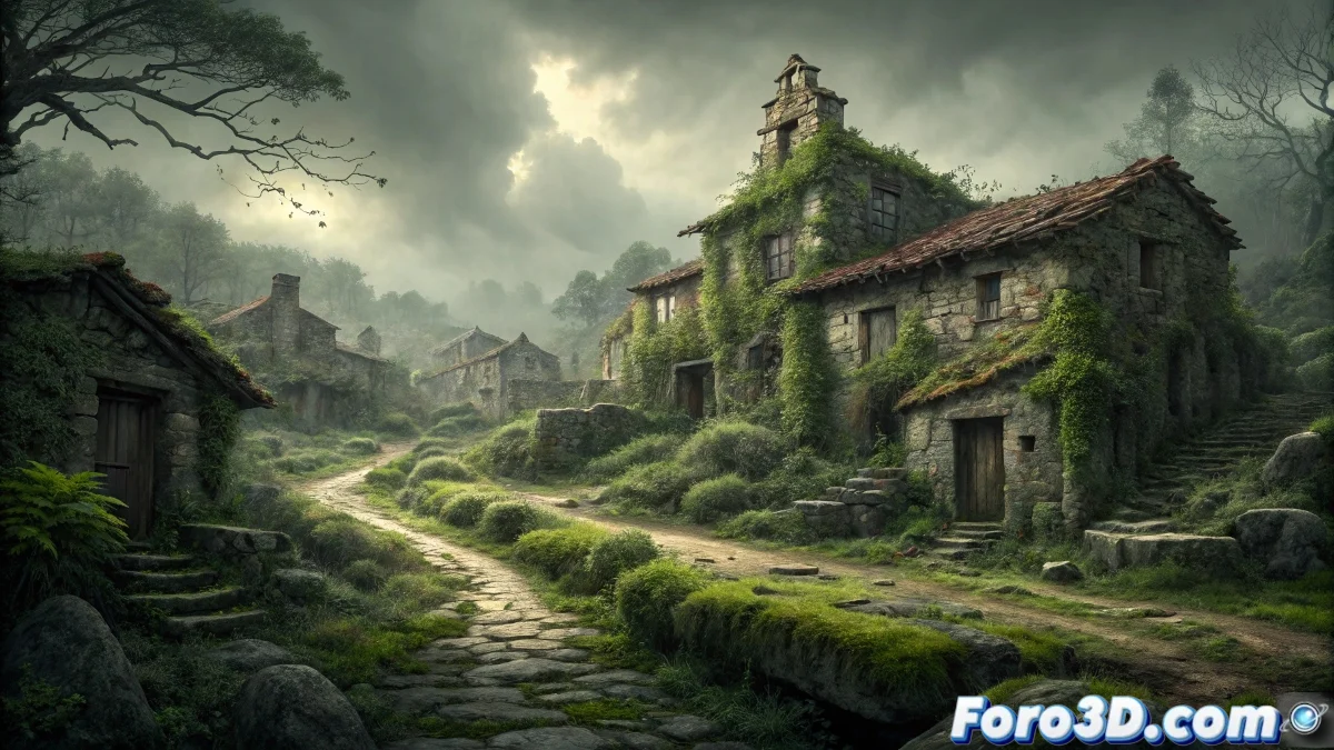 Render de ZBrush mostrando la aldea de Abuín con muros erosionados, vegetación invasiva y detalles esculpidos que transmiten la maldición y abandono de la aldea gallega