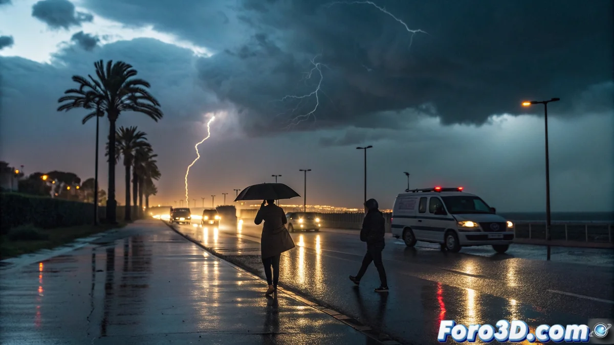 Mapa meteorológico de la provincia de Huelva con zonas marcadas en rojo indicando el nivel máximo de alerta por lluvias torrenciales, incluyendo el litoral, Andévalo y El Condado