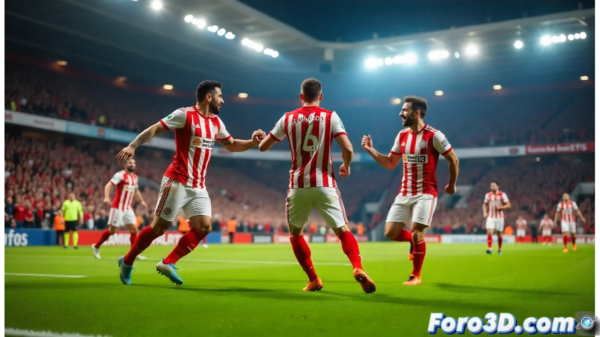 Celebración de jugadores del Almería tras marcar un gol en el UD Almería Stadium con la afición rojiblanca de fondo