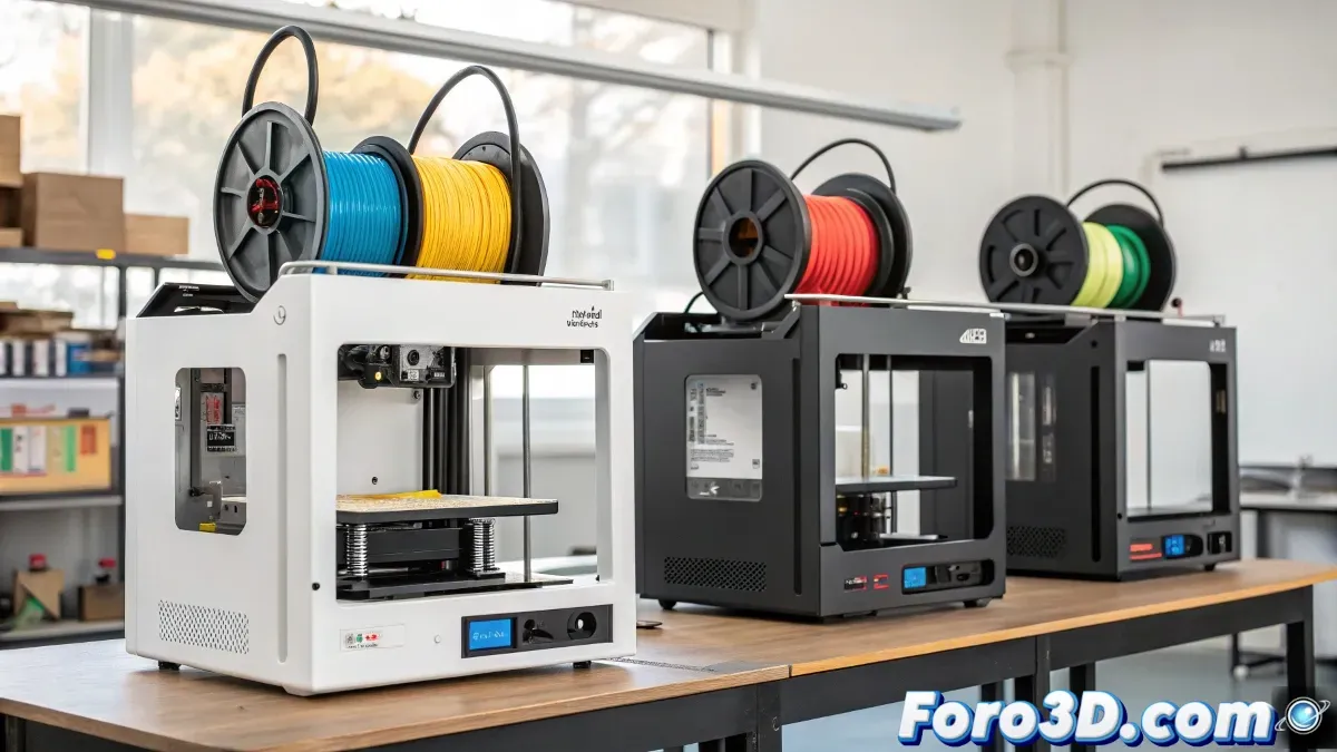 Impresoras 3D multicolor avanzadas, opciones como Bambu Lab X1 Carbon, Prusa MK4, Anycubic Kobra 2 Pro y Raise3D E2CF para proyectos creativos.
