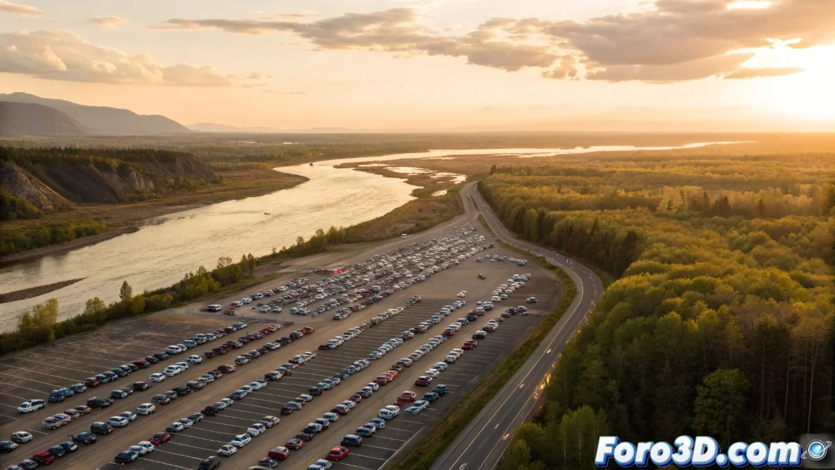 Vista aérea de un extenso aparcamiento de asfalto junto a un río natural, mostrando el contraste entre la intervención humana y el ecosistema fluvial