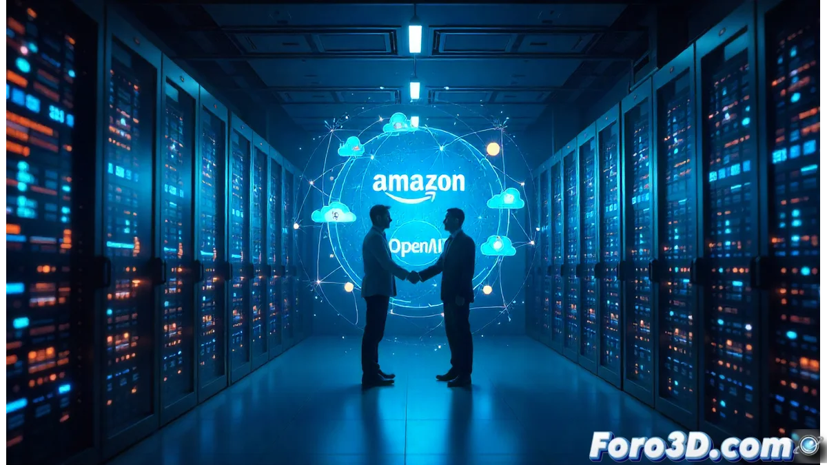Gráfico de velas japonesas mostrando el ascenso récord de las acciones de Amazon con el logo de la empresa y OpenAI superpuestos en un fondo tecnológico futurista