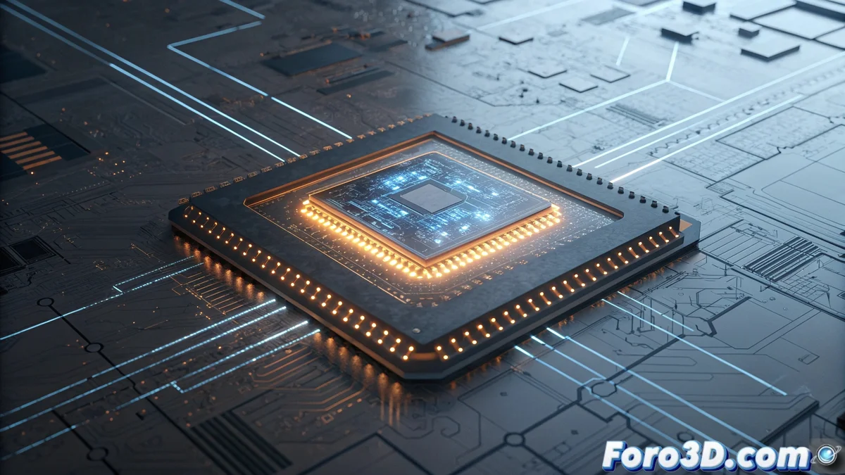 Render conceptual de un procesador AMD Zen 6 junto a una tarjeta gráfica gaming de próxima generación sobre fondo tecnológico futurista