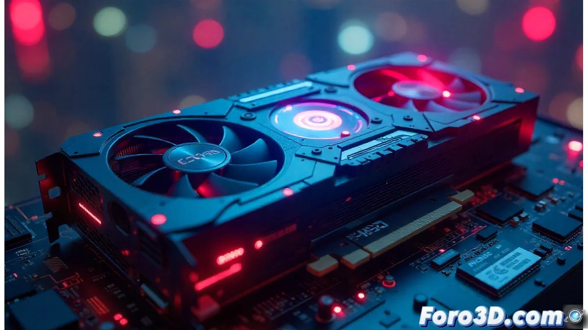 Render de una tarjeta gráfica AMD RX 9000 con efectos de iluminación y trazado de rayos en tiempo real, mostrando reflejos y sombras mejoradas.