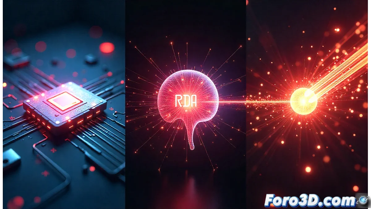 Diagrama técnico mostrando la arquitectura RDNA de AMD con los nuevos Radiance Cores, Neural Arrays y Universal Compression destacados en colores diferentes.